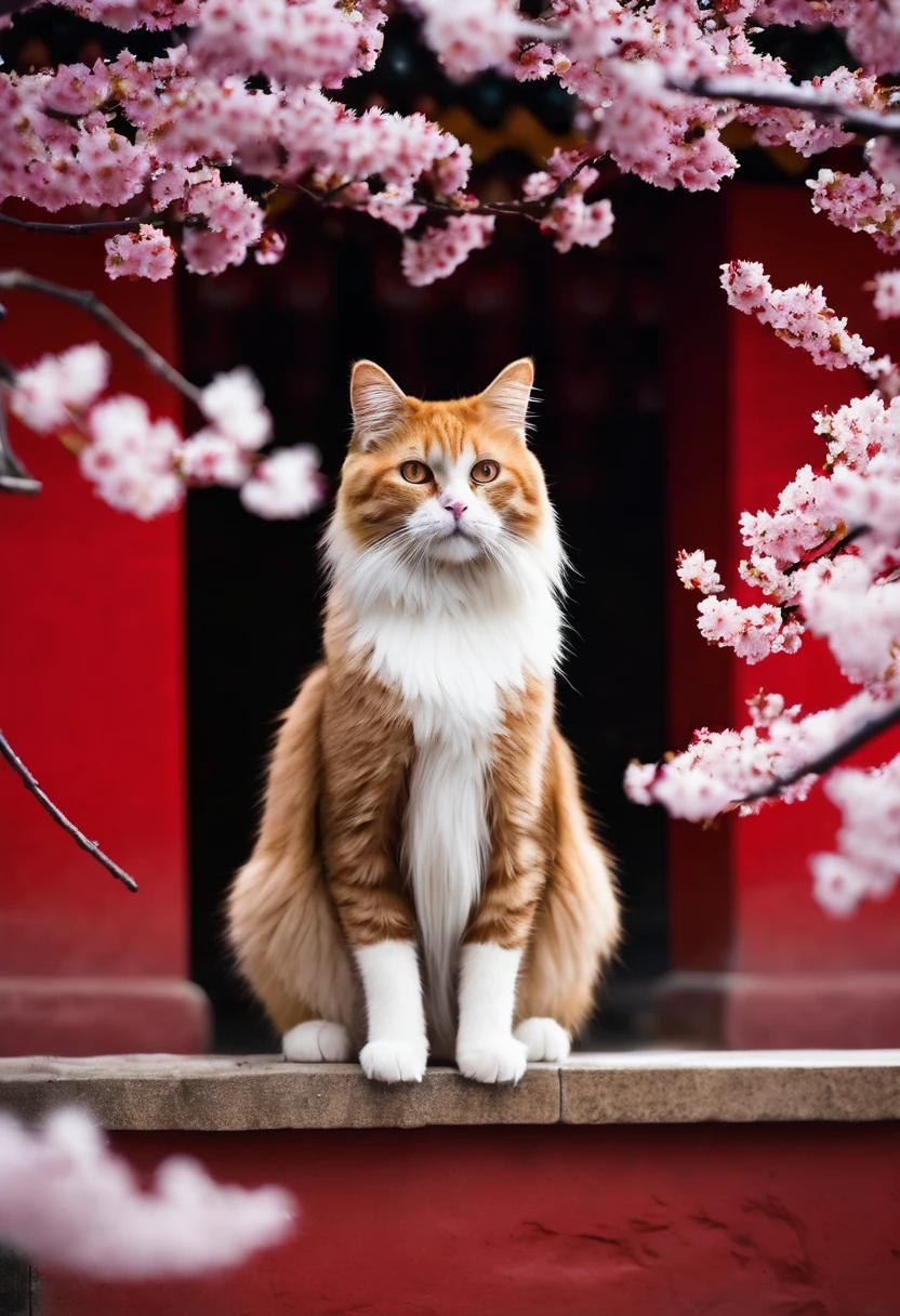 Cats, the Forbidden City, red wall, with a cherry blossom tree, with big snow, national geographic photo, kuromicore, colorful fauna, flickr