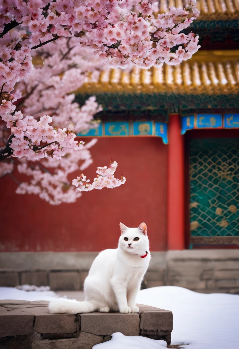 Cats, the Forbidden City, red wall, with a cherry blossom tree, with big snow, national geographic photo, kuromicore, colorful fauna, flickr