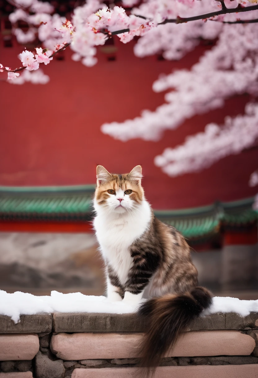 Cats, the Forbidden City, red wall, with a cherry blossom tree, with big snow, national geographic photo, kuromicore, colorful fauna, flickr