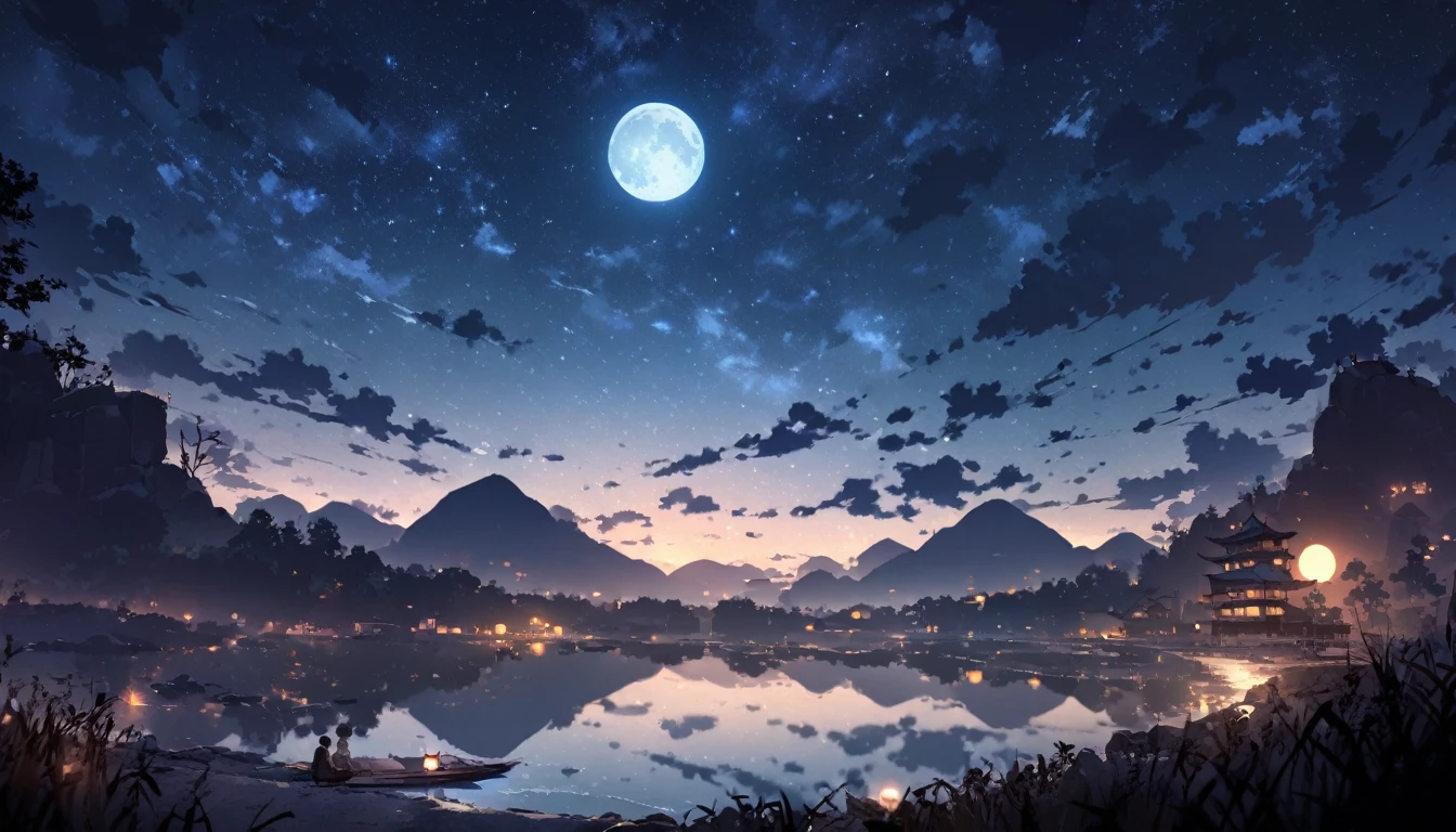 1 male, night, night景, landscape, moon