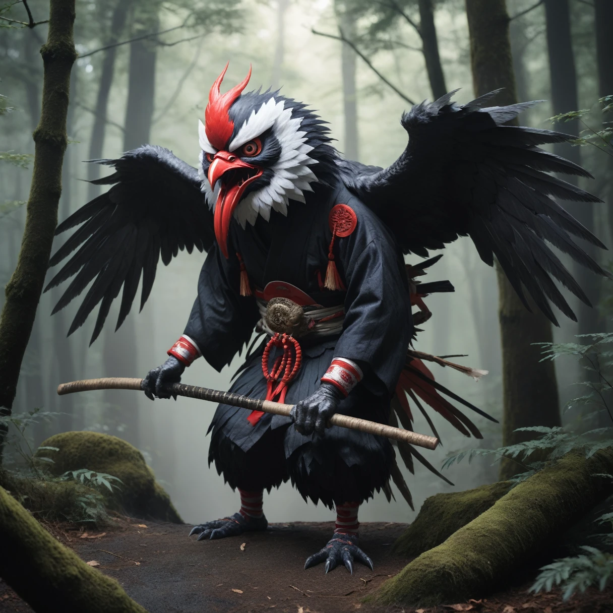 High resolution, Breathtakingly realistic images、Karasu Tengu, a traditional Japanese monster、in the forest