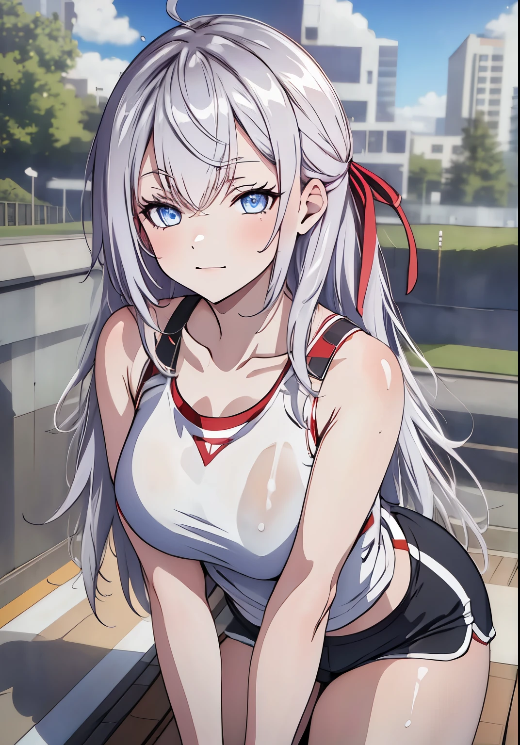 Masterpiece, best quality, highres, highly detailed, 1 girl, long hair, white hair, half - up style hair, red ribbons in both side, red eyes, large breast, white tank top, mini shorts, she wet, drenched, nipple perked out from under shirt, wet clothes sticking to her body, bend over to camera, outdoor, public park, looking at viewers, perfect finger shape, the number of fingers is not excessive