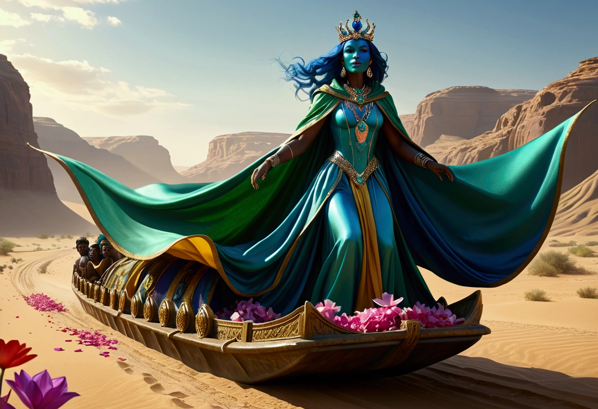 A huge blue-green humanoid female with a broad mouth, wearing a royal tiara and a sheer colorful cloak, riding on a hover barge in a desert setting, with slaves tossing flower petals around her, hyper detailed, ultra-realistic, 8K, photorealistic, intricate details, cinematic lighting, lush colors, dramatic shadows, volumetric lighting, depth of field, award winning digital art
