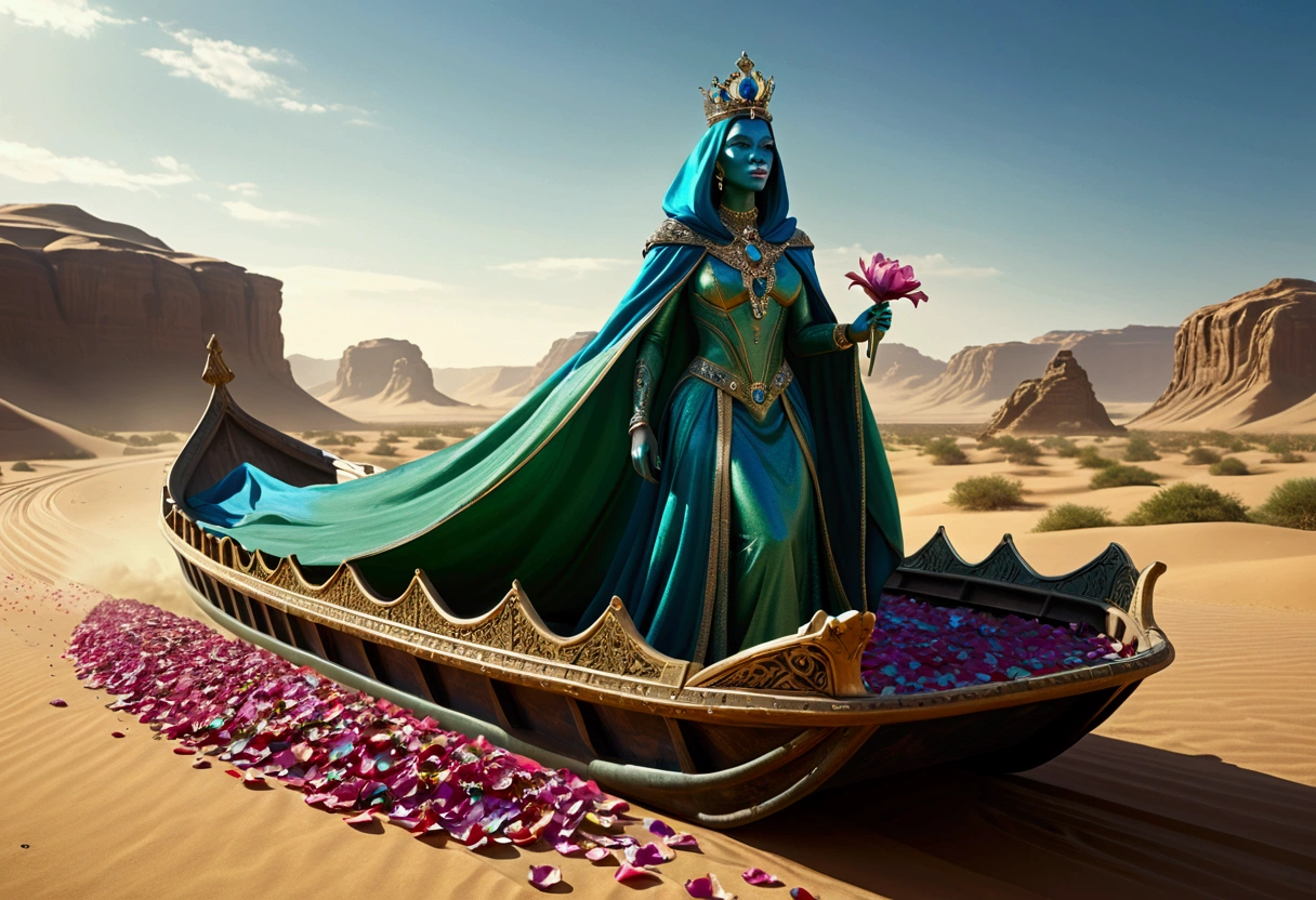 A huge blue-green humanoid female with a broad mouth, wearing a royal tiara and a sheer colorful cloak, riding on a hover barge in a desert setting, with slaves tossing flower petals around her, hyper detailed, ultra-realistic, 8K, photorealistic, intricate details, cinematic lighting, lush colors, dramatic shadows, volumetric lighting, depth of field, award winning digital art
