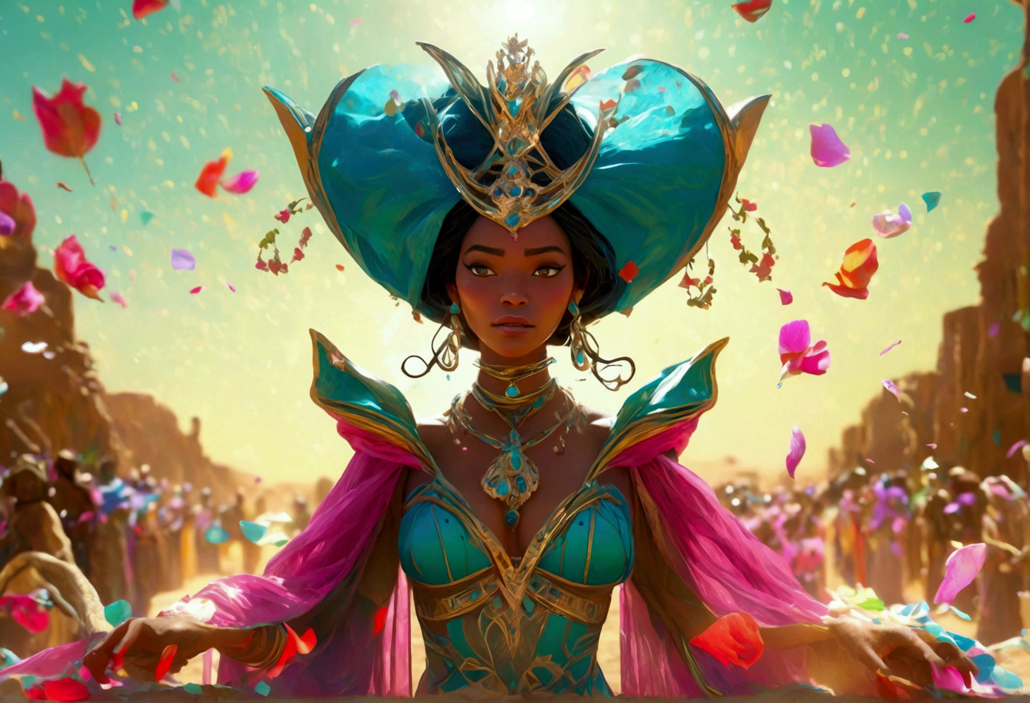 A huge blue-green humanoid female with a broad mouth, wearing a royal tiara and a sheer colorful cloak, riding on a hover barge in a desert setting, with slaves tossing flower petals around her, hyper detailed, ultra-realistic, 8K, photorealistic, intricate details, cinematic lighting, lush colors, dramatic shadows, volumetric lighting, depth of field, award winning digital art
