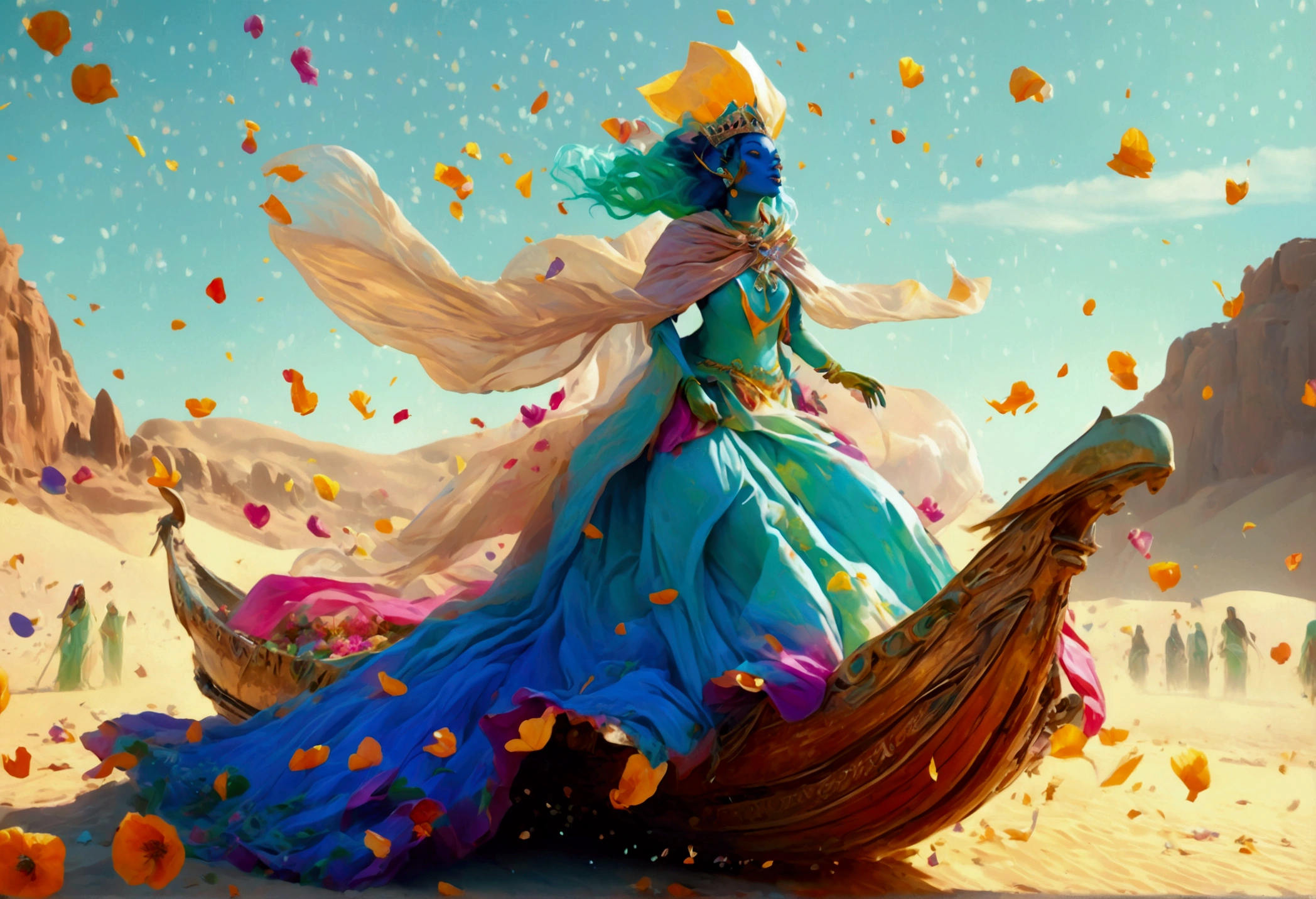 A huge blue-green humanoid female with a broad mouth, wearing a royal tiara and a sheer colorful cloak, riding on a hover barge in a desert setting, with slaves tossing flower petals around her, hyper detailed, ultra-realistic, 8K, photorealistic, intricate details, cinematic lighting, lush colors, dramatic shadows, volumetric lighting, depth of field, award winning digital art
