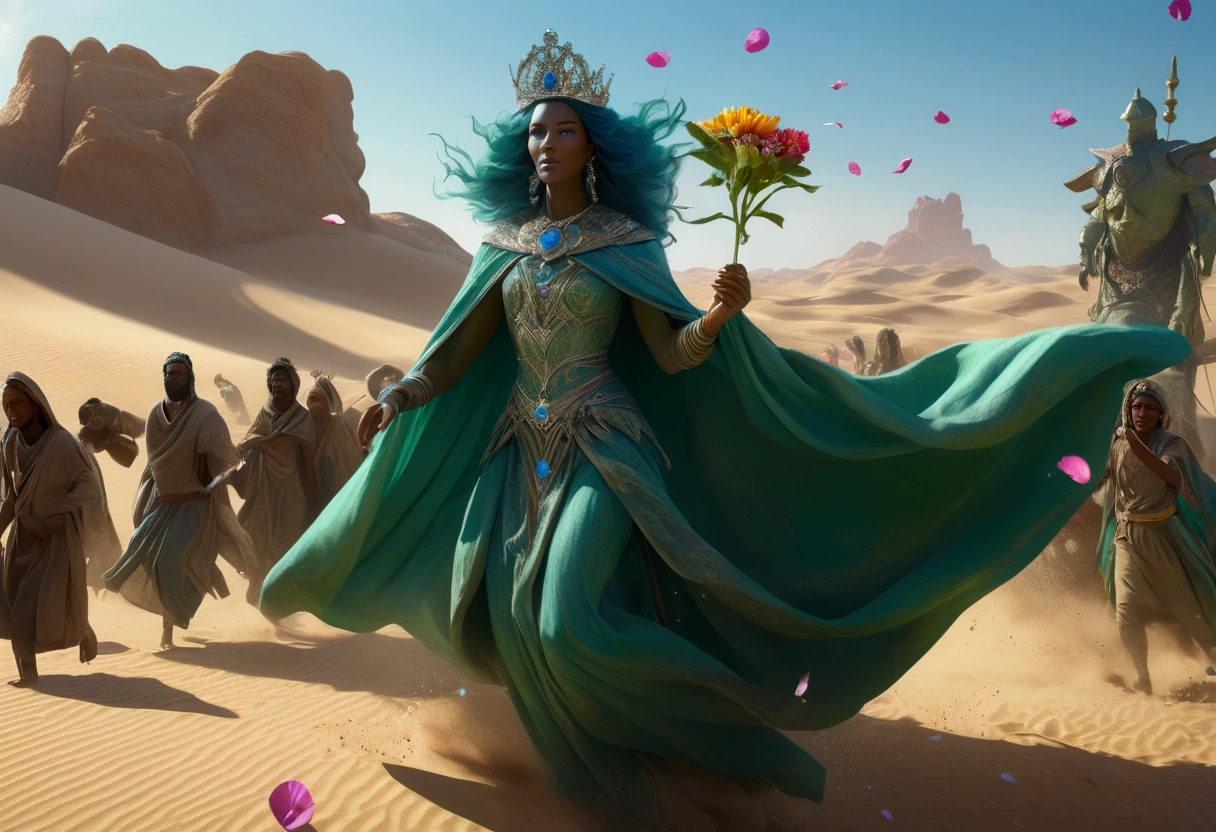 A huge blue-green humanoid female with a broad mouth, wearing a royal tiara and a sheer colorful cloak, riding on a hover barge in a desert setting, with slaves tossing flower petals around her, hyper detailed, ultra-realistic, 8K, photorealistic, intricate details, cinematic lighting, lush colors, dramatic shadows, volumetric lighting, depth of field, award winning digital art