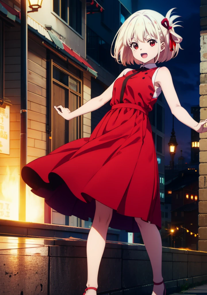 chisatonishikigi, Chisato Nishikigi, short hair, bangs, blonde, (Red eyes:1.5), Hair Ribbon, One side up, Bobcut,happy smile, smile, Open your mouth,
Open your mouth, Red sleeveless dress,Bare arms,Red long skirt,Cute Sandals,whole bodyがイラストに入るように,Daytime,sunny, Walking,break looking at viewer,whole body, break outdoors, city,construction area,bridge、 break (masterpiece:1.2), highest quality, High resolution, unity 8k wallpaper, (shape:0.8), (Beautiful details:1.6), Highly detailed face, Perfect lighting, Extremely detailed CG, (Perfect hands, Perfect Anatomy),