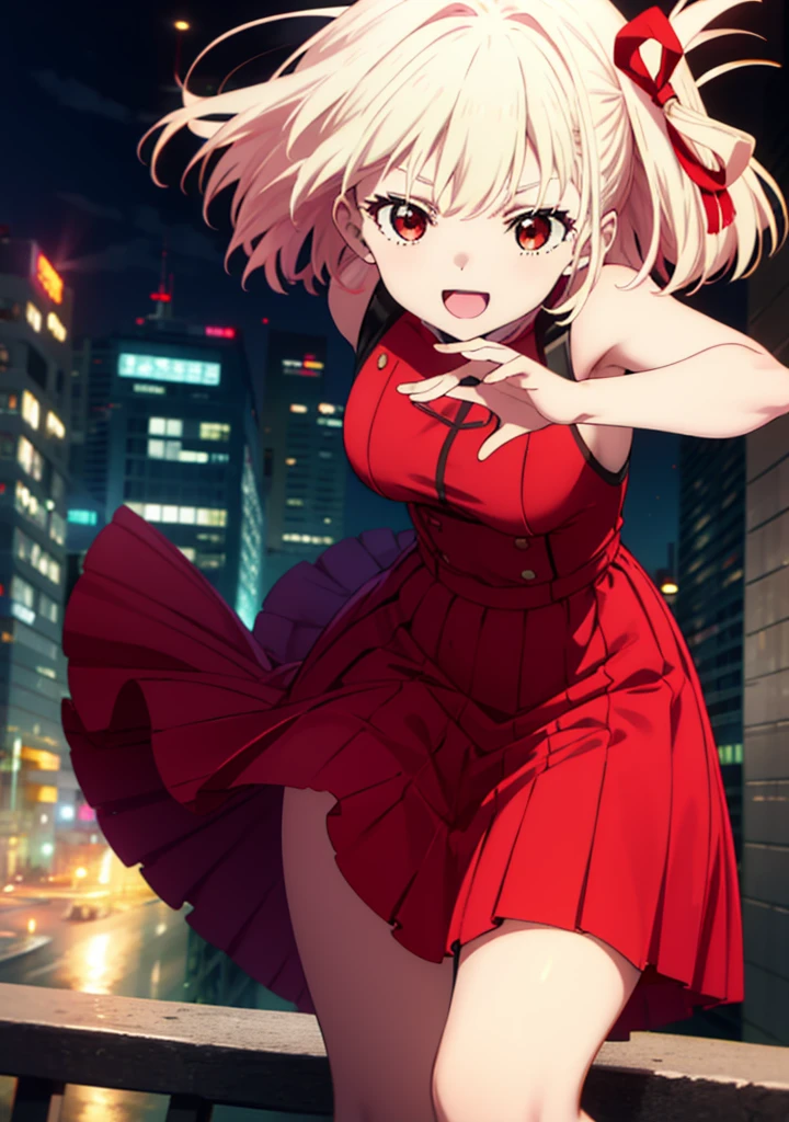 chisatonishikigi, Chisato Nishikigi, short hair, bangs, blonde, (Red eyes:1.5), Hair Ribbon, One side up, Bobcut,happy smile, smile, Open your mouth,
Open your mouth, Red sleeveless dress,Bare arms,Red long skirt,Cute Sandals,whole bodyがイラストに入るように,Daytime,sunny, Walking,break looking at viewer,whole body, break outdoors, city,construction area,bridge、 break (masterpiece:1.2), highest quality, High resolution, unity 8k wallpaper, (shape:0.8), (Beautiful details:1.6), Highly detailed face, Perfect lighting, Extremely detailed CG, (Perfect hands, Perfect Anatomy),