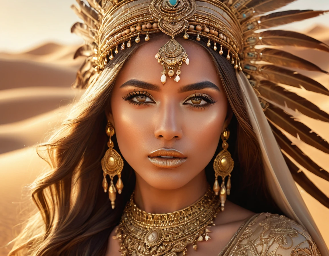 A desert princess, beautiful detailed eyes, beautiful detailed lips, extremely detailed face, long flowing hair, desert oasis, sandstorm, ornate jewelry, golden headdress, flowing silk dress, dramatic lighting, cinematic composition, warm color palette, volumetric lighting, photorealistic, 8k, highest quality, detailed digital painting