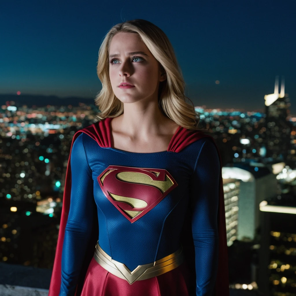 cinematic film still of ((Millie Gibson)) as supergirl ,wearing supergirl suit, standing on a roof top overlooking a city ,look up, serious expression, depth of field, telephoto lens, medium blonde hair, looking up,(full body focus),half closed-eyes, central composition, night time, at night, shallow depth of field, highly detailed, high budget, bokeh, cinemascope, depressing, epic, gorgeous, film grain, grainy, ((Interrupted left brow)),