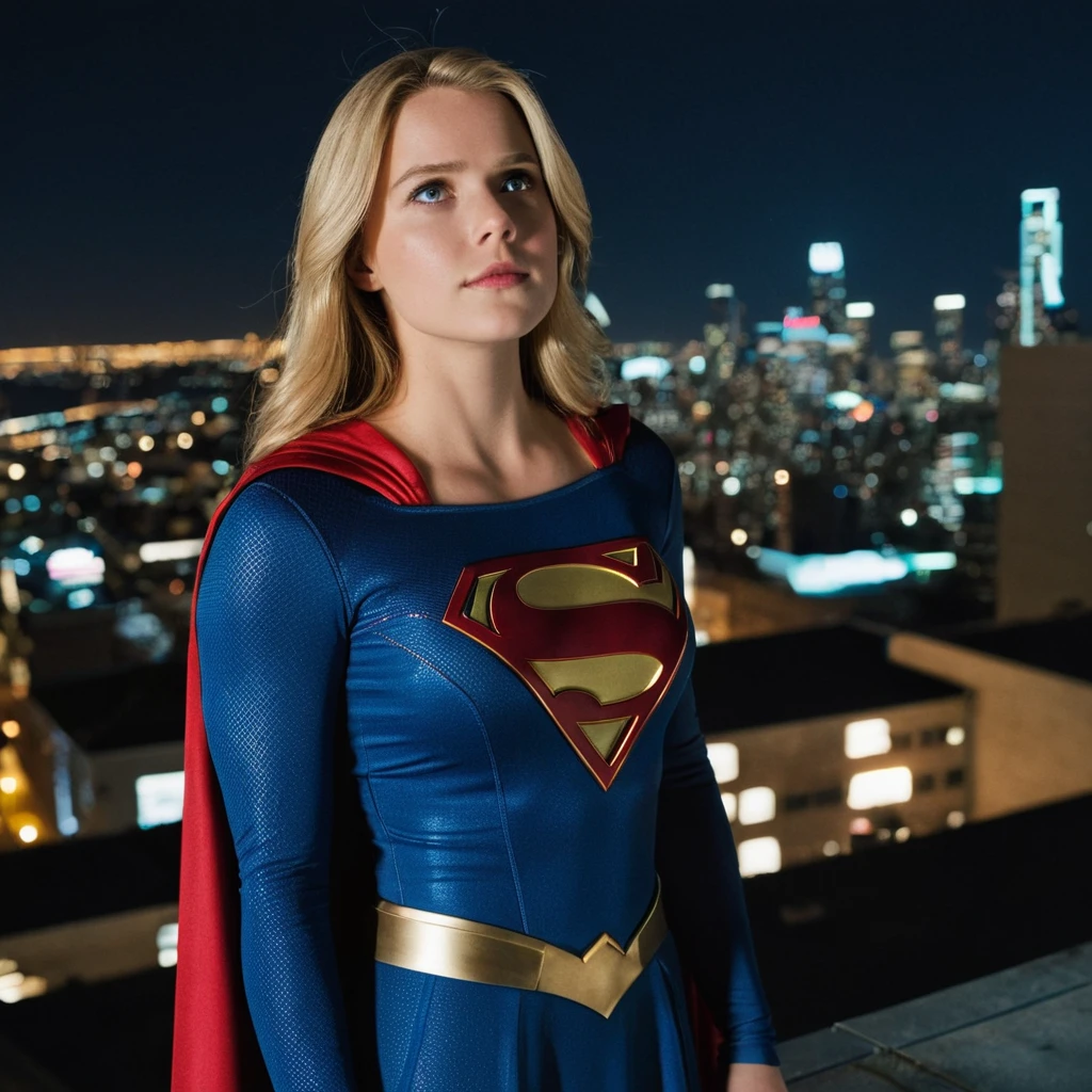 cinematic film still of ((Millie Gibson)) as supergirl ,wearing supergirl suit, standing on a roof top overlooking a city ,look up, serious expression, depth of field, telephoto lens, medium blonde hair, looking up,(full body focus),half closed-eyes, central composition, night time, at night, shallow depth of field, highly detailed, high budget, bokeh, cinemascope, depressing, epic, gorgeous, film grain, grainy, ((Interrupted left brow)),