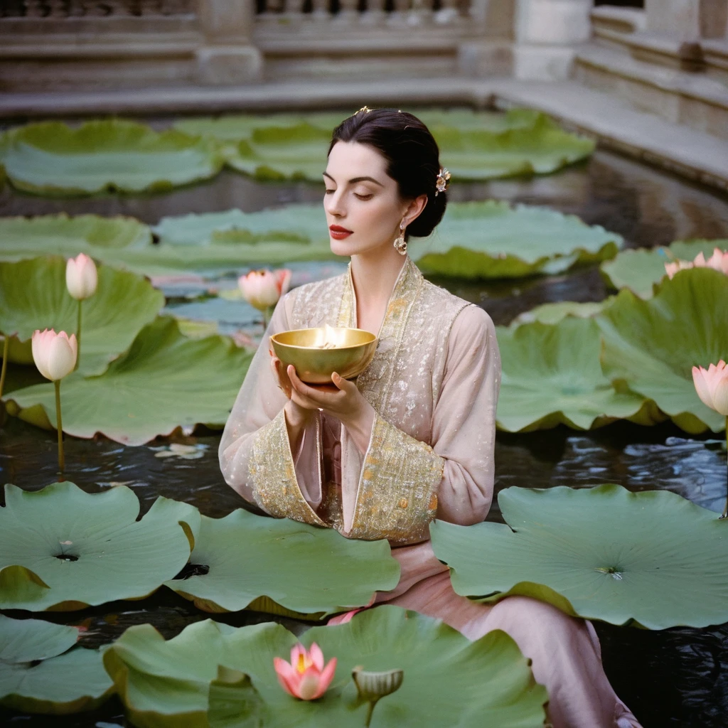 Candid closeup photo of an eccentric traditional gorgeous young beautiful face lotus queen, still from the film, ((solo)), (Anne Hathaway look alike face: 0.9), placing a lotus shaped bowl of fire in water, haute couture, symmetry, colorful palace gardens, river with bowls of fire, summer, pastel colors, Leica SL3, Summicron-SL 75 f/2 ASPH, kodak gold 200 film, dynamic action pose,