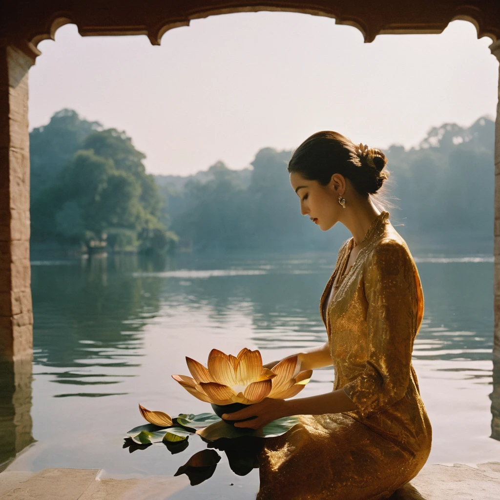 Candid closeup photo of an eccentric traditional gorgeous young beautiful face lotus queen, still from the film, ((solo)), (Anne Hathaway look alike face: 0.9), placing a lotus shaped bowl of fire in water, haute couture, symmetry, colorful palace gardens, river with bowls of fire, summer, pastel colors, Leica SL3, Summicron-SL 75 f/2 ASPH, kodak gold 200 film, dynamic action pose,