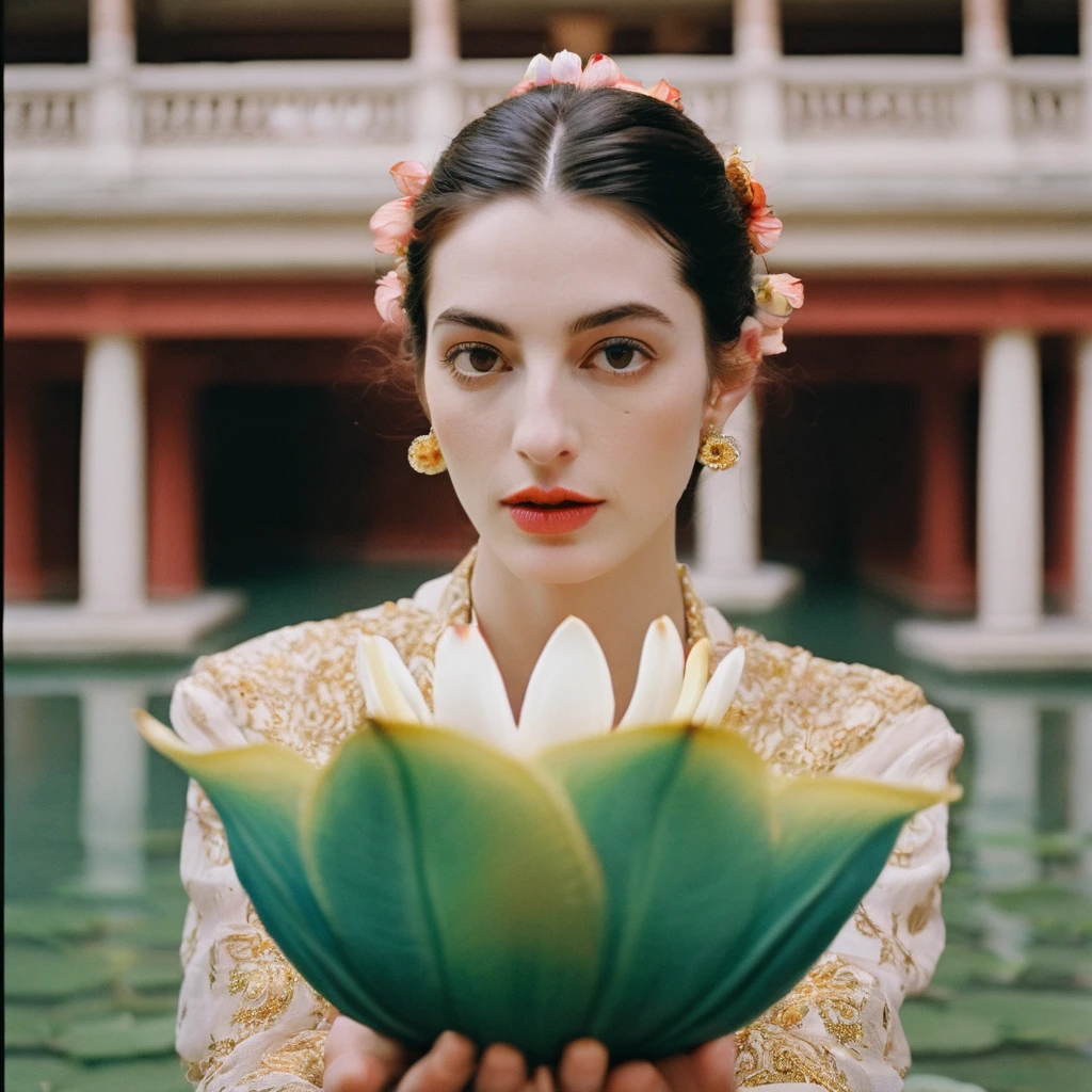 Candid closeup photo of an eccentric traditional gorgeous young beautiful face lotus queen, still from the film, ((solo)), (Anne Hathaway look alike face: 0.9), placing a lotus shaped bowl of fire in water, haute couture, symmetry, colorful palace gardens, river with bowls of fire, summer, pastel colors, Leica SL3, Summicron-SL 75 f/2 ASPH, kodak gold 200 film, dynamic action pose,
