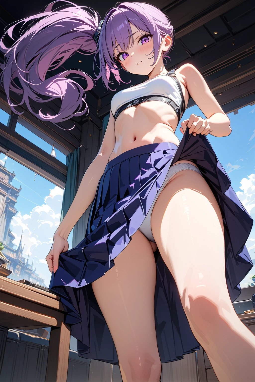 (masterpiece, best quality:1.5), (ultra detailed, high resolution, 8k, beautiful detailed, UHD, best anatomy), purple Ponytail hair, small breasts, 1 girl, Midi skirt, crop top, Midi skirt lift, from below, panties