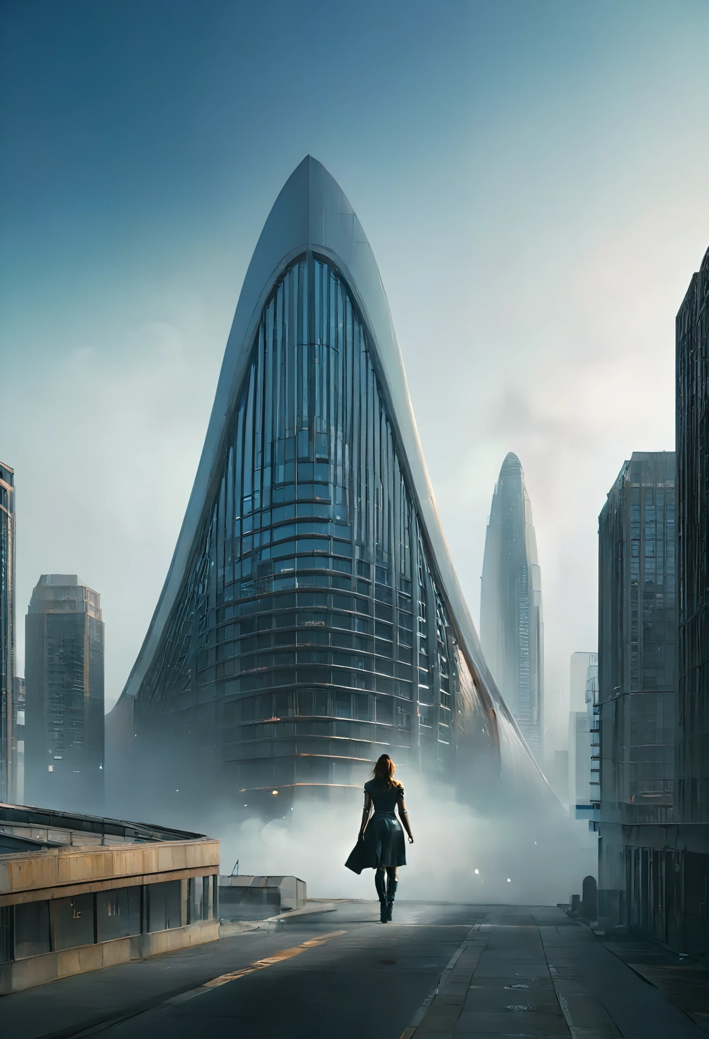 image taken from under the skirt of a giant girl bigger than the buildings, She is walking between the buildings of an ultrafuturistic North American megalopolis city, the city has many metallic buildings and houses in dark colors, from dark blue to black, the city has shades of metal gray, has smoky metal structures , industrial environment with smoke and fog around, dark cars on the streets, desert megalopolis, Modern metal rails and trains passing through the city streets, tall futuristic metal buildings, many ultramodern buildings around, , as realistic as possible, as detailed as possible, Science fiction, there are 2 planets in the sky through the dense atmosphere
