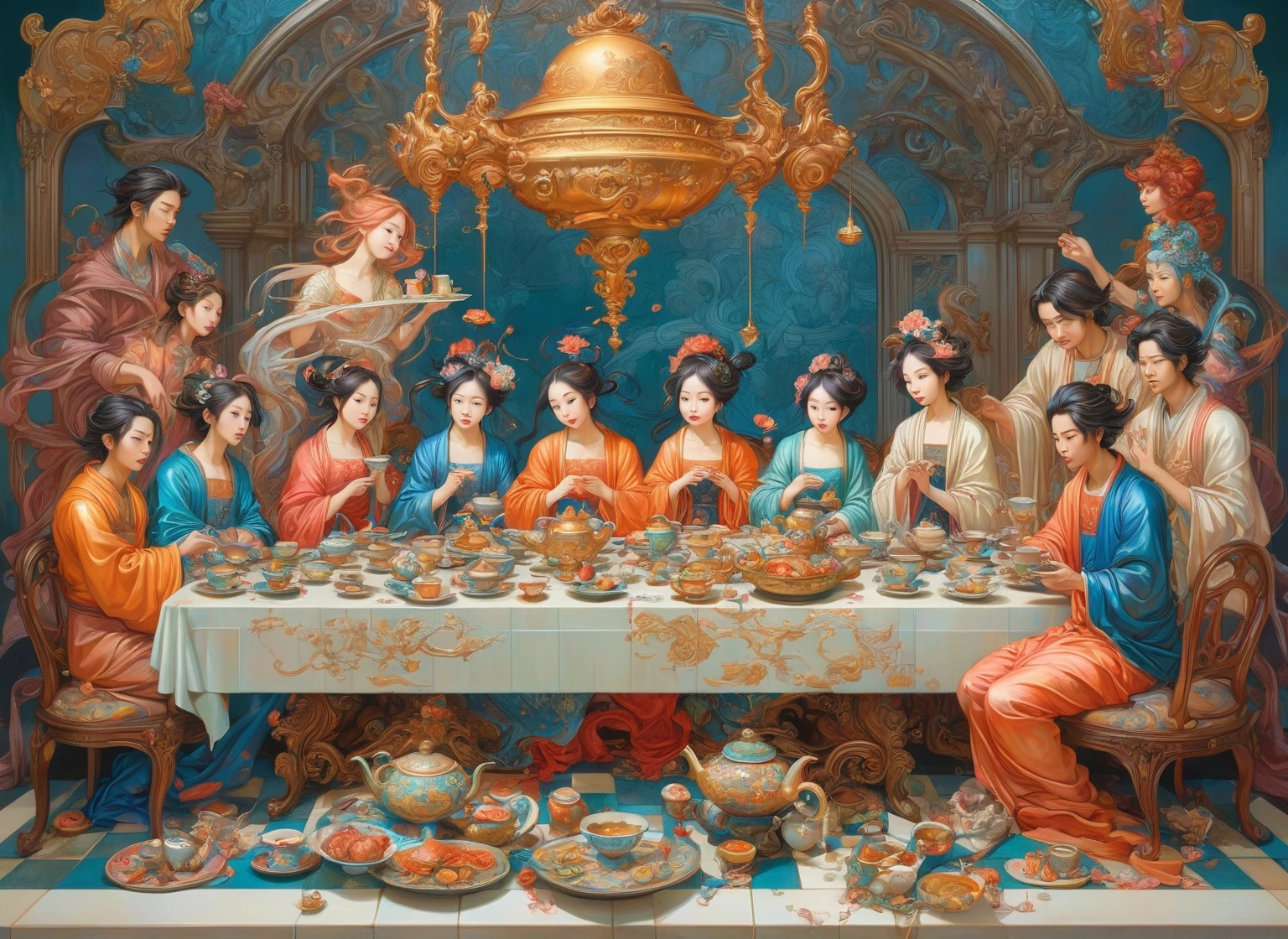 There is a painting，The painting shows a family sitting at a table, last supper作文, last supper, neo rococo expressionist风格, Anime Art Nouveau, Korean Art Nouveau Anime, Fairy tale illustration style, Surreal Tea , called 'last supper', Anime Art Nouveau cosmic display, last supper, james jean 和 wlop, neo rococo expressionist