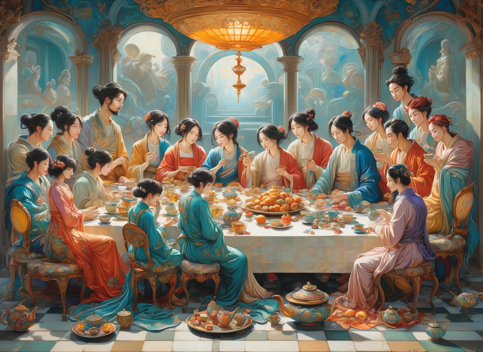 There is a painting，The painting shows a family sitting at a table, last supper作文, last supper, neo rococo expressionist风格, Anime Art Nouveau, Korean Art Nouveau Anime, Fairy tale illustration style, Surreal Tea , called 'last supper', Anime Art Nouveau cosmic display, last supper, james jean 和 wlop, neo rococo expressionist