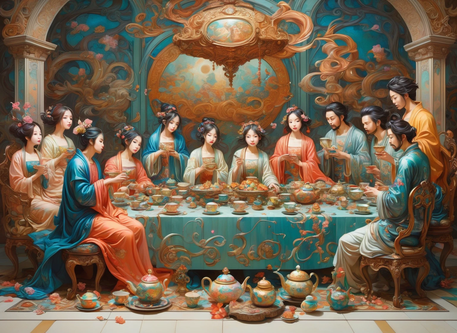 There is a painting，The painting shows a family sitting at a table, last supper作文, last supper, neo rococo expressionist风格, Anime Art Nouveau, Korean Art Nouveau Anime, Fairy tale illustration style, Surreal Tea , called 'last supper', Anime Art Nouveau cosmic display, last supper, james jean 和 wlop, neo rococo expressionist