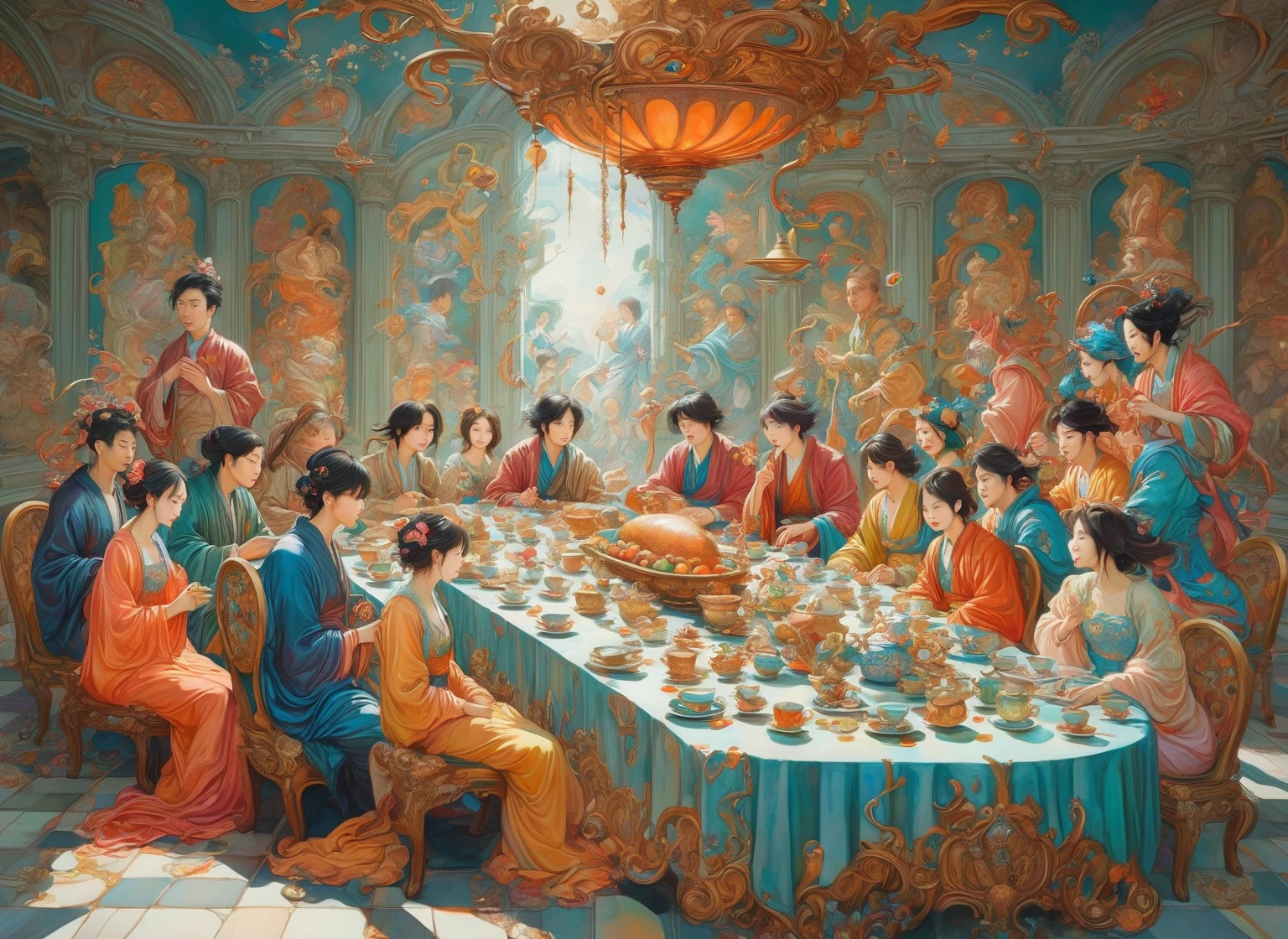 There is a painting，The painting shows a family sitting at a table, last supper作文, last supper, neo rococo expressionist风格, Anime Art Nouveau, Korean Art Nouveau Anime, Fairy tale illustration style, Surreal Tea , called 'last supper', Anime Art Nouveau cosmic display, last supper, james jean 和 wlop, neo rococo expressionist