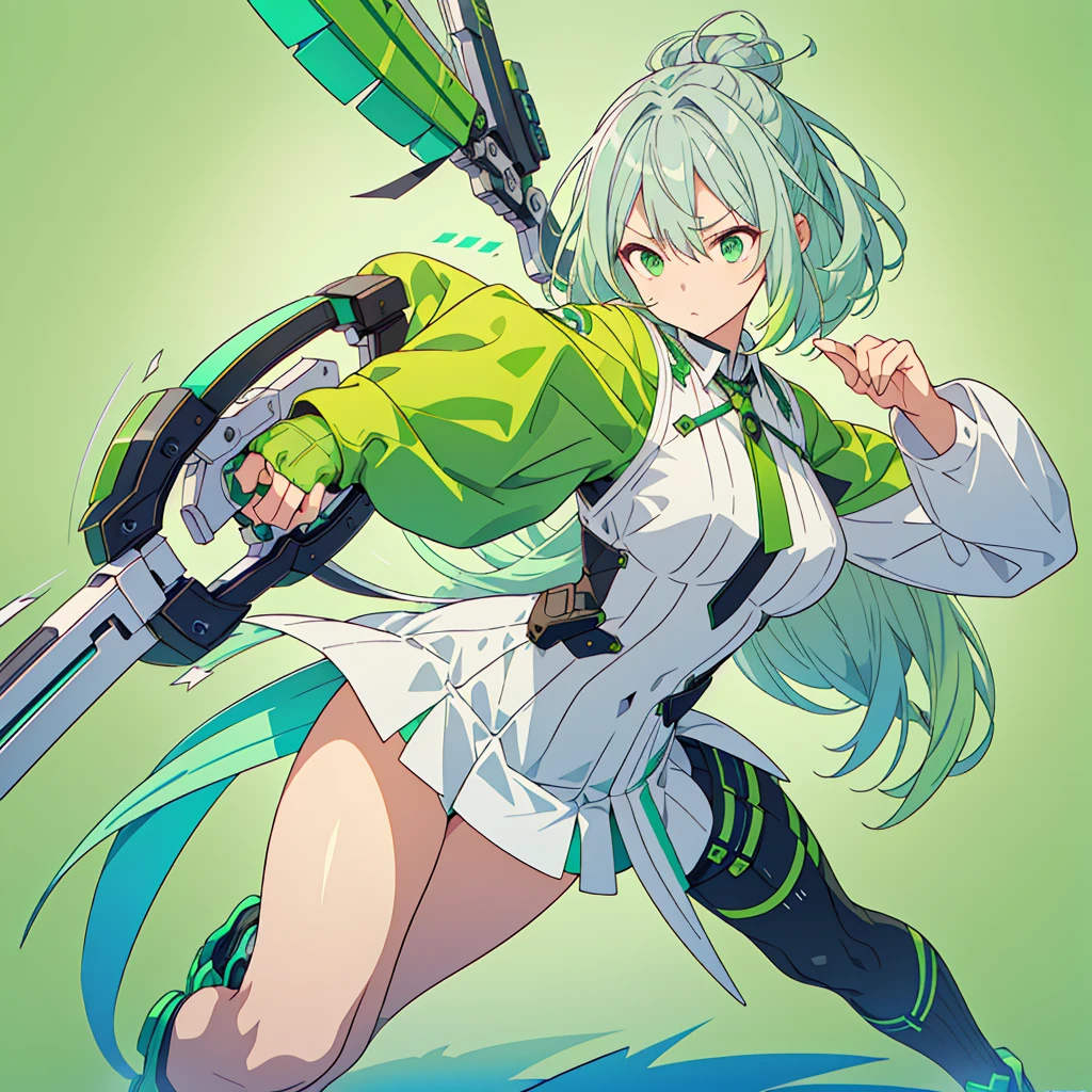 1girl、Dynamic composition、((Perspective Lens, Gray hair and light green gradient hair color, Long Hair、 A dynamic pose with a serious and determined expression, Holding a large crossbow and pulling it towards the viewer )) 、((Pure Green Background:1.2)),Looks like she's in her early 20s,Shooting in mid-motion,With her long braided hair fluttering. Her outfit is reminiscent of cyberpunk.,Black and lime green color palette,And she's casually throwing money around,Be playful、Super huge、whole body、detailed、bow