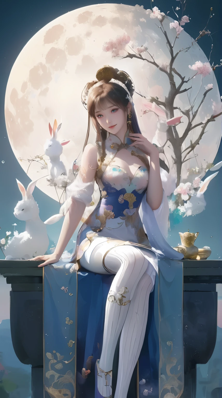 Anime girl sitting on the table,Background with full moon, Gu Weiss, palace , Girl wearing Hanfu, Popular on cgstation, artwork in the style of Gu Weiss, Gu Weiss on pixiv artstation, Gu Weiss on artstation pixiv, Beautiful fantasy queen, author:Cold plum, Gu Weiss masterpiece