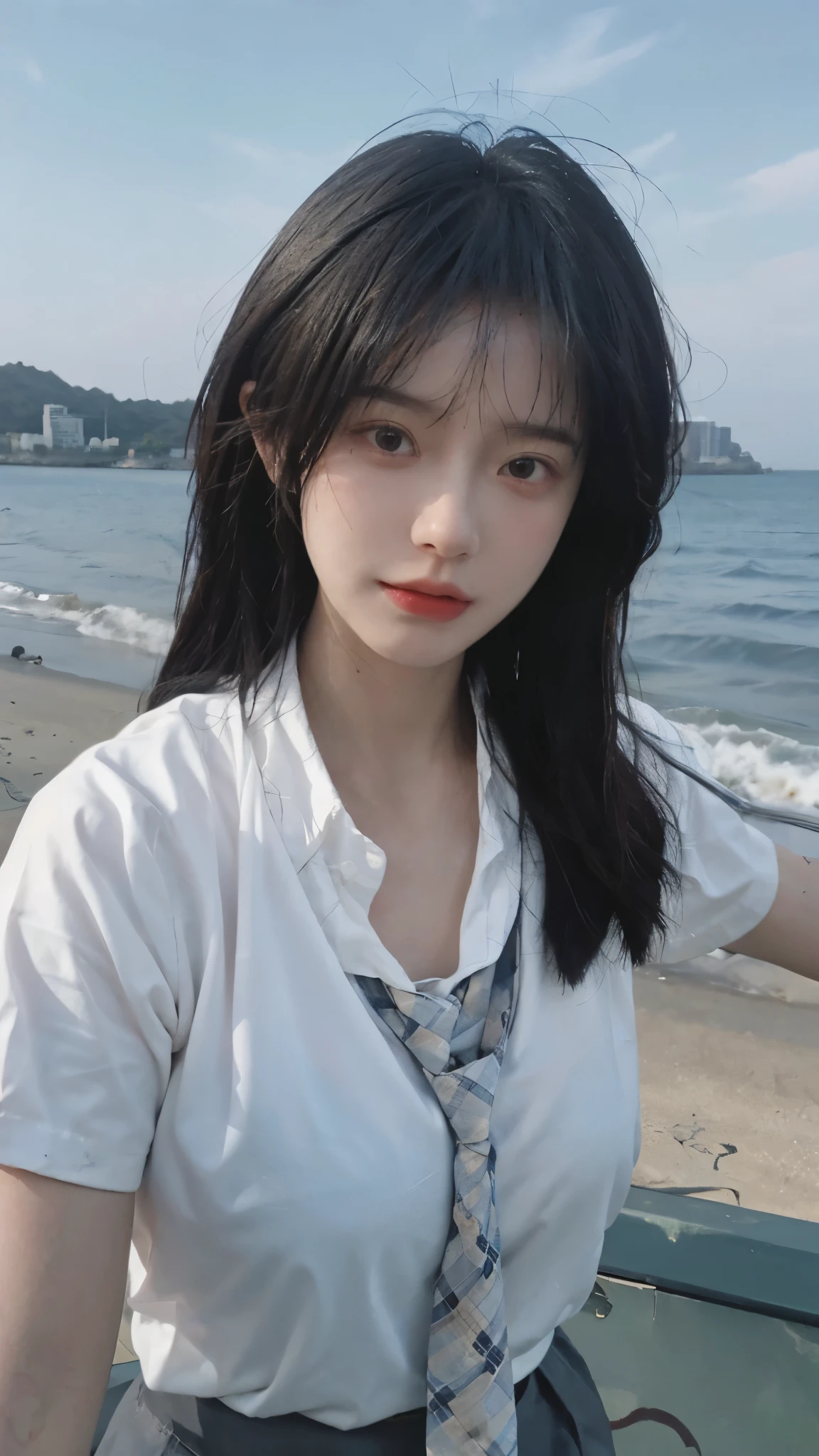 Best quality，masterpiece，Ultra-high resolution，16K,Beach Background，（Photo Realism：1.4),1 Girl，JK，Sexy，（Shirt and Tie：1.2),（Big breasts：1.3),（whole body：1.4)