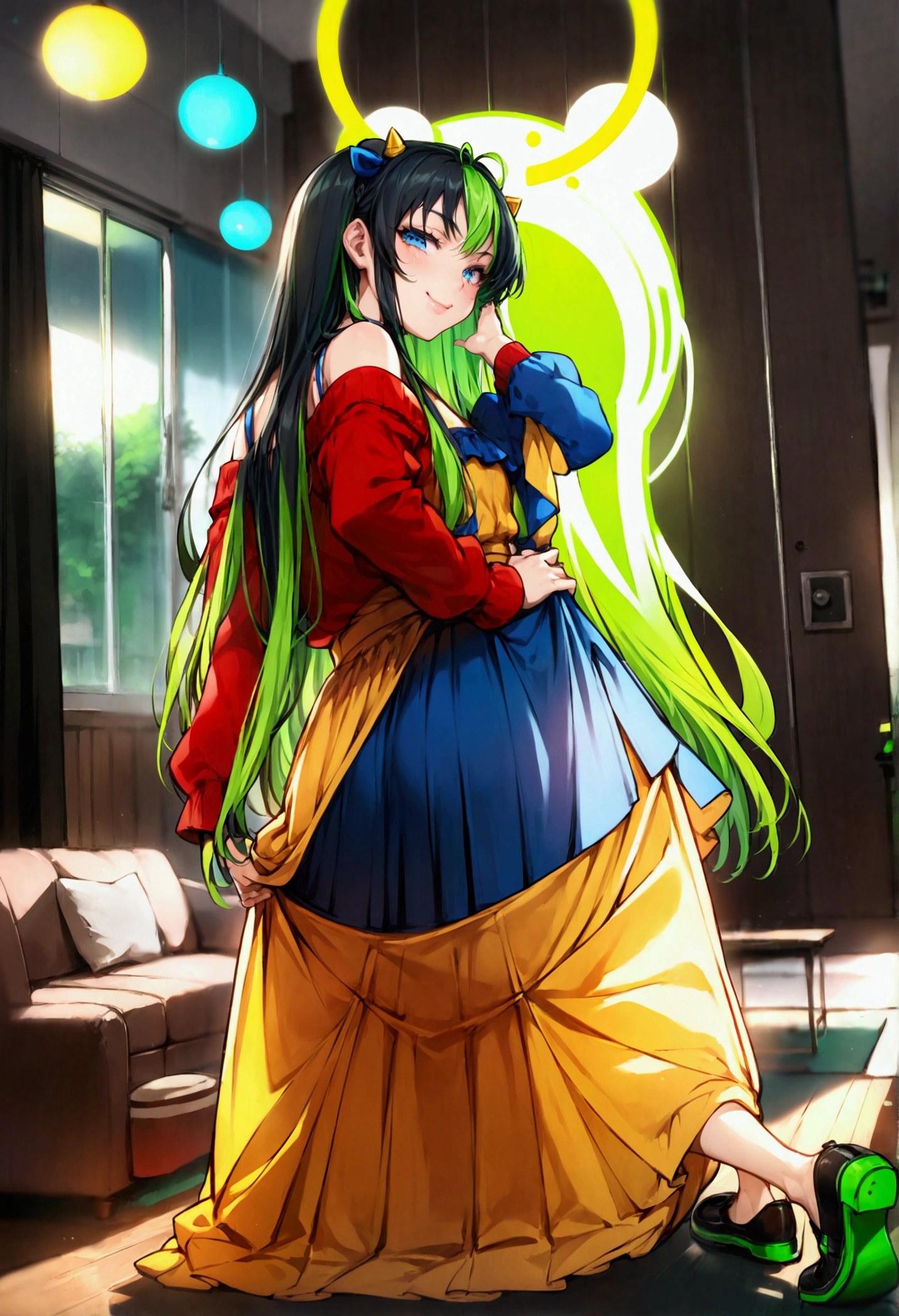 (lum:1.2), 1girl, long hair, (tiny horns), (score_9, score_8_up, score_7_up), masterpiece, best quality, absurdres, unity, 8k, wallpaper, hi res, highly detailed face, highly detailed eyes, blue eyes, (intricate details:1.4), (two-tone hair, green hair, black hair:1.1), perfect anatomy, super detailed skin, 1980s style, anime style, (full body), (dynamic angle, dynamic pose:1.3), yellow tiger-stripped summer dress, off shoulder, indoors, living room, pov, full lips, depth of field, blurry background, foreshortening, female focus, couch, from behind, looking back, from_behind, uncensored, smug laugh, mouth open, blush, hands on another's hips, skirt lift, ass, Possmach, skinny, thin, slim, skinny legs, small butt, short stature, 1980's style, from side, young, short stature, young age,
