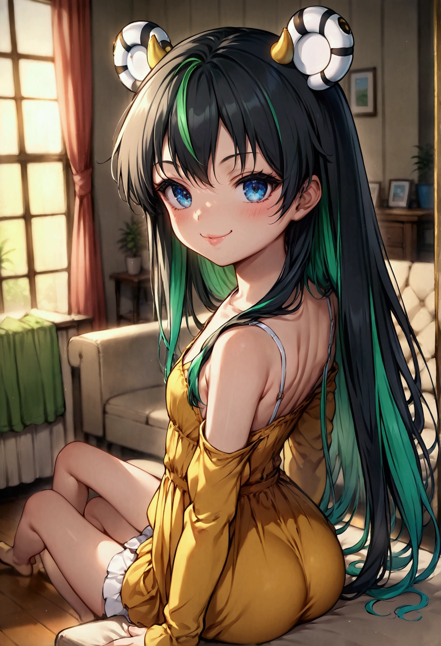 (lum:1.2), 1girl, long hair, (tiny horns), (score_9, score_8_up, score_7_up), masterpiece, best quality, absurdres, unity, 8k, wallpaper, hi res, highly detailed face, highly detailed eyes, blue eyes, (intricate details:1.4), (two-tone hair, green hair, black hair:1.1), perfect anatomy, super detailed skin, 1980s style, anime style, (full body), (dynamic angle, dynamic pose:1.3), yellow tiger-stripped summer dress, off shoulder, indoors, living room, pov, full lips, depth of field, blurry background, foreshortening, female focus, couch, from behind, looking back, from_behind, uncensored, smug laugh, mouth open, blush, hands on another's hips, skirt lift, ass, Possmach, skinny, thin, slim, skinny legs, small butt, short stature, 1980's style, from side, young, short stature, young age,