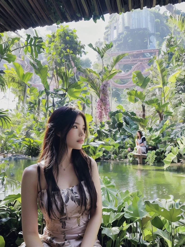 there is a woman sitting on a bench in a garden, amidst nature, jungles in the background, filled with fauna, in a jungle environment, ancient garden behind her, standing in a botanical garden, nature goddess, in a jungle, smooth in _ the background, in the background is lush jungle, in a tropical forest, 🤬 🤮 💕 🎀, beautiful aesthetic