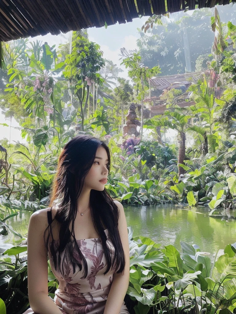there is a woman sitting on a bench in a garden, amidst nature, jungles in the background, filled with fauna, in a jungle environment, ancient garden behind her, standing in a botanical garden, nature goddess, in a jungle, smooth in _ the background, in the background is lush jungle, in a tropical forest, 🤬 🤮 💕 🎀, beautiful aesthetic