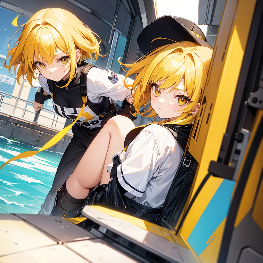 Young anime girl with yellow hair and brown eyes.