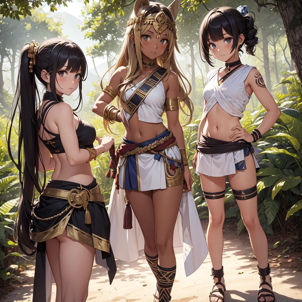 young greek warriors girls in togas , only girls , forest in the background , light armor , sandals , sexy, exposed belly, tribal marks, tribal tattoos, brown skin, dark skin, muscular girl, defined abdomen,stomach, multiple girls, midriff, looking at viewer, blonde hair , long hair, bare shoulders, white skirt, skirt, outdoors, sanda