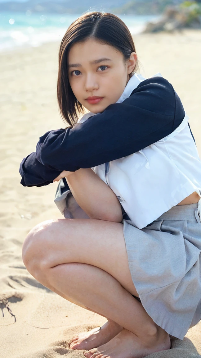(((Top-down configuration:1.33)))、((No underwear:1.55))、One Girl、Beautiful and detailed eyes and face、barefoot、20 year old cute Japan woman, ((Extremely precise and accurate anatomy:1.0)), (photo Realistic:1.4), (hyper Realistic:1.4), (最高品質のRealisticな肌の質感:1.4), (Improvement of quality:1.4), (Enhances the beauty of skin texture:1.1), Clean and glowing skin, mesh, thin:1.2, (Realistic:1.3), Realisticなライティング, (Smoother lighting:1.05), (Improving the quality of cinema lighting:0.9), Backlight, A gentle light on your face, Ray Tracing, (Bright light:1.2), 32k, One Japanese woman, fine grain, Detailed face, (Film Grain:1.1),(Accentuates body lines:1.1), High resolution, Natural look, Kind eyes, Improves hair quality, Delicate light and shadow, Transparent muscles, Graceful pose, Beautiful Eyes, Sharp details, Soft light reflection, Beautiful contours, Delicate skin tone, Fine hair texture, Natural background, (((sunny day、Beach、A strong wind is blowing、Her hair and skirt are flying、Squat, Traditional navy blue sailor uniform、Open shirt、Pleated skirt、Scooping seawater with hands:1.25、splash、Sandy Beach、Light of the sun、clear blue sea、The waves crash quietly、Blue sky and white clouds、green mountain々、Beautiful Nature、The joys of youth)))、