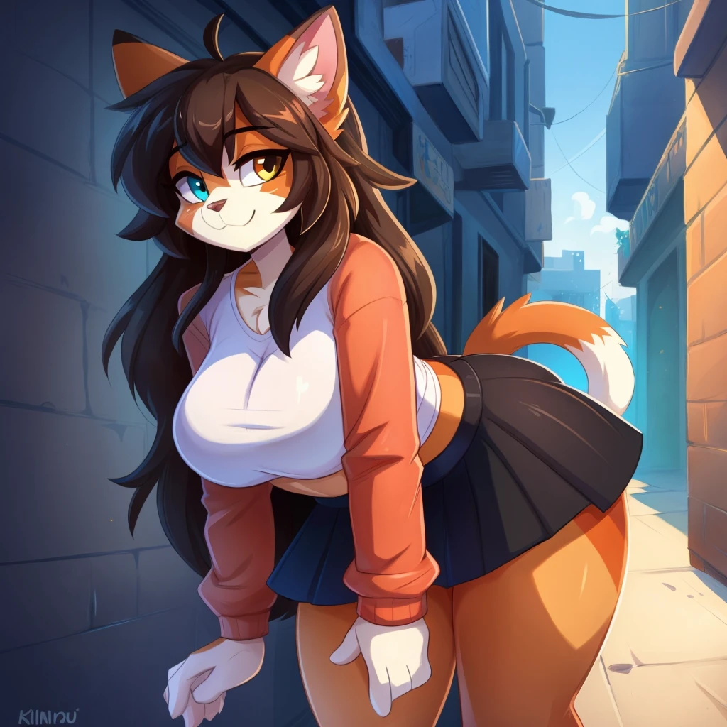 by Kilinah, by Coffeesoda, by Hioshiru, by Kilinah, uploaded E621, beautiful and detailed portrait of a woman (((female))) anthro cat, lighting Zenematic, seductive, bl, cat, thighighs, big chest, full body, beautiful, messy hair, brown hair, white eyes, thicc, solo, standing, long hair, 2-tone hair ((orange | black)), cat ears, Totora, Totora, Thighighs, Calico cat, Heterochromia ((green | blue)), pink crop top with long sleeves, black skirt, dark alley, bent over