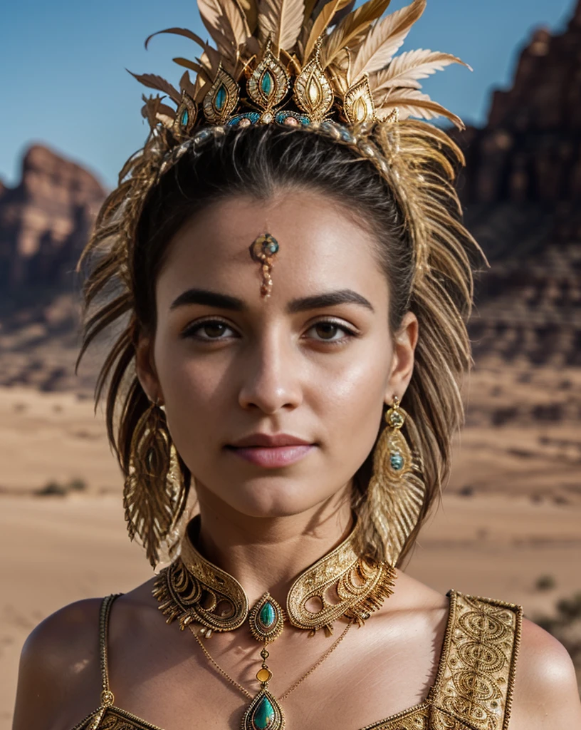 A beautiful desert princess, intricate ornate jewelry, flowing robes, piercing eyes, delicate features, golden skin, sweeping desert landscape, setting sun, warm lighting, highly detailed, photorealistic, 8k, cinematic composition, dramatic shadows, elaborate headdress, jewel-encrusted accessories, windswept hair, serene expression, stoic pose, vast sand dunes, rocky cliffs, vibrant colors, rich textures, ambient occlusion, volumetric lighting