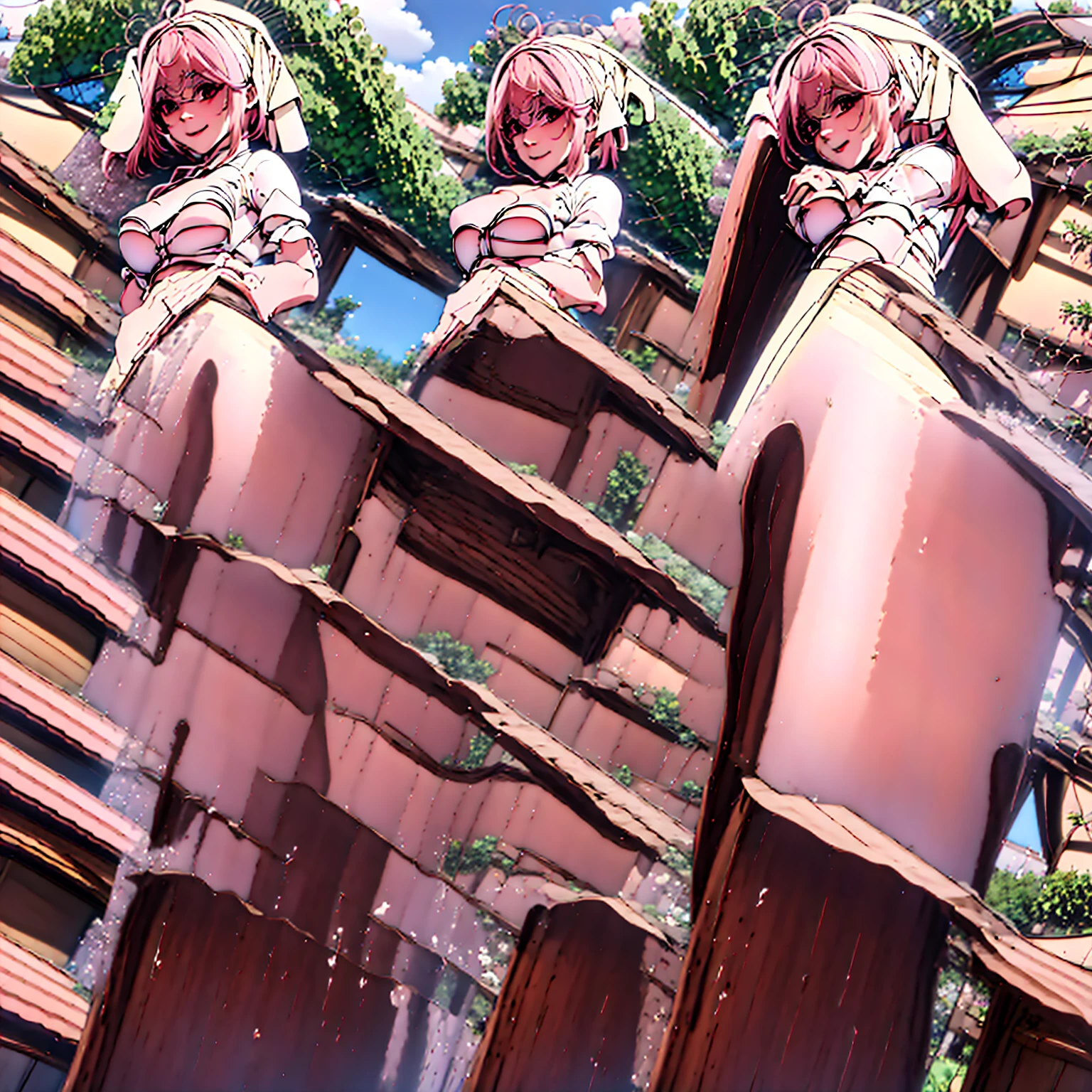 aruraru medium breasts, pink hair, ahoge, (head scarf:1.2), white shirt, (red bow), (cream skirt), (strap skirt), kneehigh skirt, beautiful face, pink eyes, smile, black pantyhose, outdoors, field, (complex background, many elements in the background:1.3),((super detailed background)), dynamic pose, ((8k wallpaper)), (masterpiece:1.2), best quality, absurdres, highres, extremely detailed wallpaper, perfect lighting,8k,HD, cowboy shot,