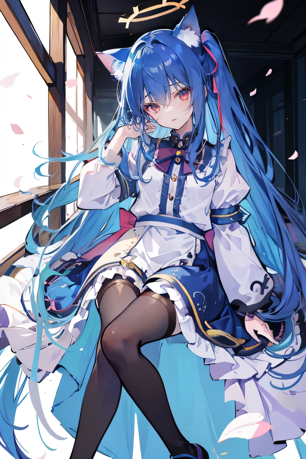 （masterpiece：1.2），Super detailed，lifelike，Expressive eyes，fair skin，perfect face shape，1 girl，
Japanese comics,Gorgeous blue hair,flowing blue hair,flowing clothes,Cat ears,Petals fall,beautiful lola,Baby Angel,
，Cross your legs，Gentle and peaceful background，The pavilion is cool and comfortable, （（masterpiece：1.4，最high quality）），（Super detailed），Official Art，Unity 8k Wallpaper，Super detailed，Beautiful appearance，high quality，Cute，masterpiece，最high quality，（flat chest），Human body，a character portrait，Standing，long suspender skirt，Yuri,（Black tights），There is a halo on the head