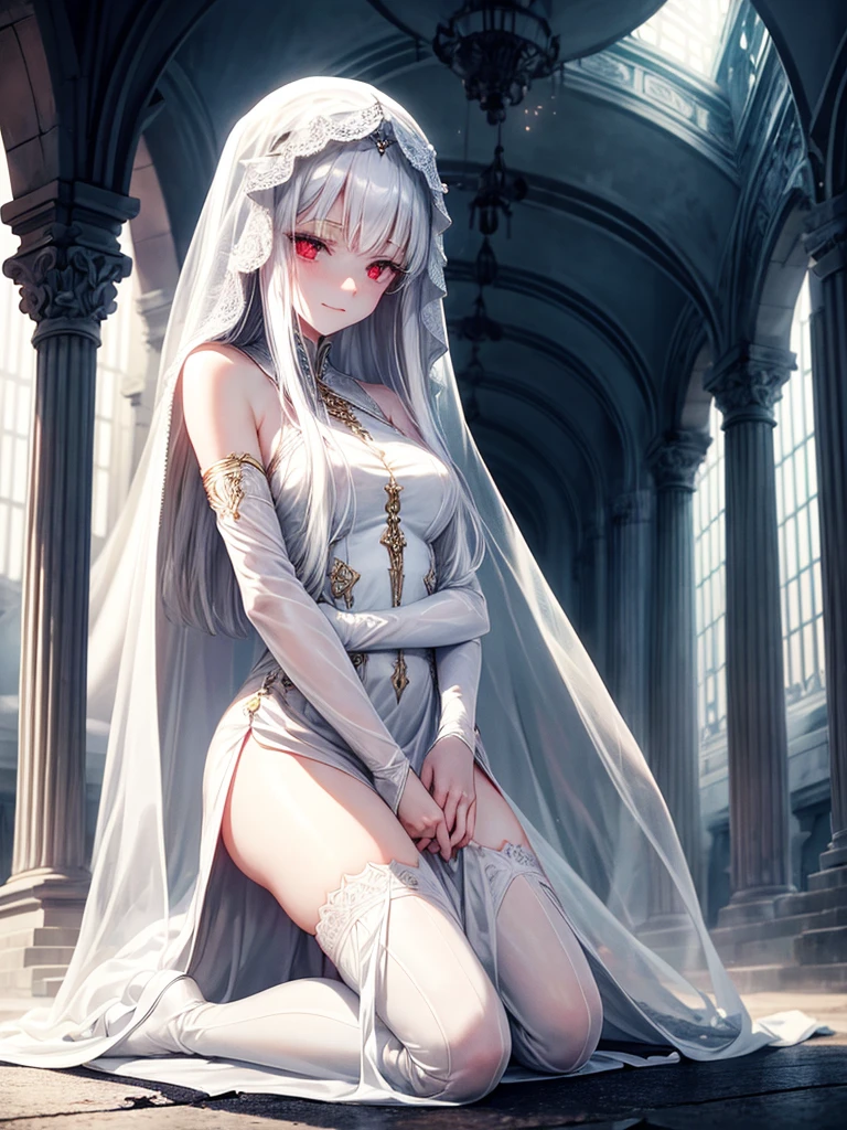 Beautiful, majestic, melancholic, woman, solo-girl, long white hair, pale white skin, red eyes, sad smile, (white dress:1.1), (white veil:1.1), kneeling, dark ancient temple in background, rays of moonlight