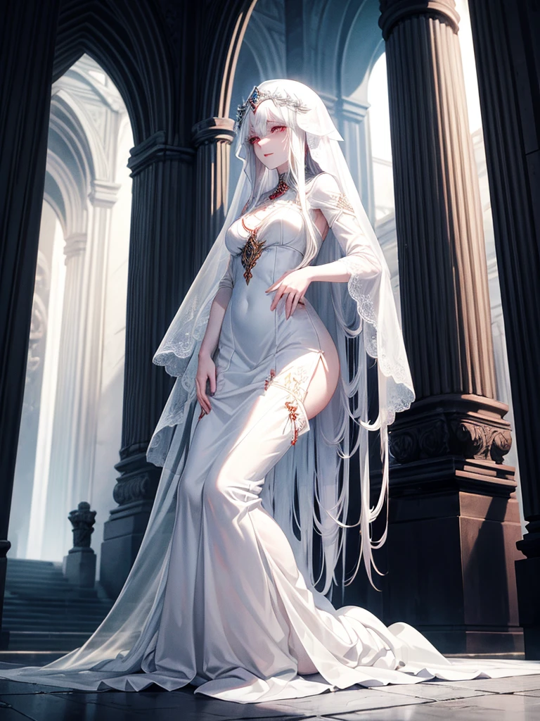 Beautiful, majestic, melancholic, woman, solo-girl, long white hair, pale white skin, red eyes, sad smile, (white dress:1.1), (white veil:1.1), kneeling, dark ancient temple in background, rays of moonlight