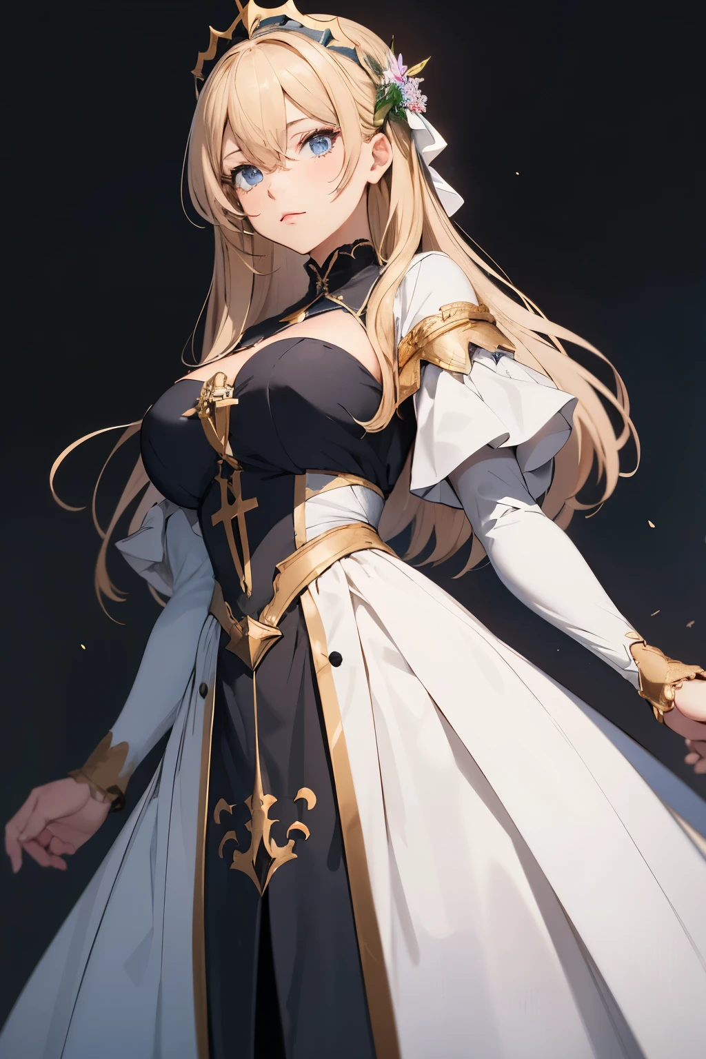 A beautiful and serious 24-year-old anime knight girl, standing 1.70m tall, set in medieval Europe. She has long, loose blonde hair and blue-grey eyes with a hint of green. She wears a modest Catholic dress in white and black that covers her entire body and is not fitted but falls loosely, with minimal blue details and a golden Christian cross. The fabric is fine and intricately decorated. The design should be simple, with clean lines, solid colors, and minimal shading. Inspired by Saint Joan of Arc, with features from Erina of Shokugeki no Soma, and the anime Charlotte and Violet Evergarden. The character should be visible only from the front, in a completely natural pose, with her arms down.