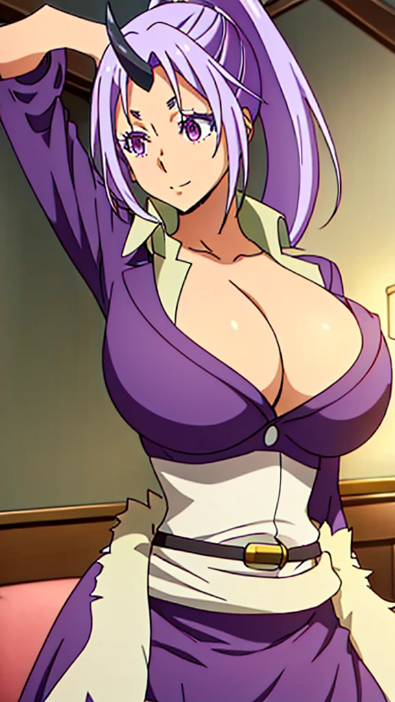 (Highest quality:1.3), (masterpiece:1.1), (figure:1.2), (Super detailed:1.2), Beautiful attention to detail, Beautiful detailed girl, (One girl), Ponytail Hairstyles, Purple Hair、Large Breasts, Cleavage, 