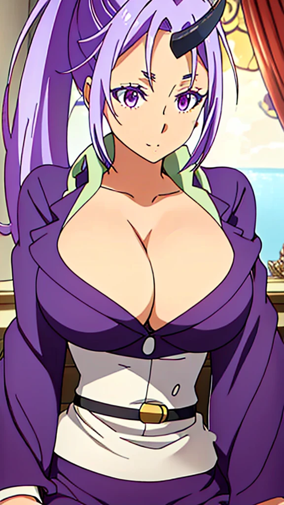 (Highest quality:1.3), (masterpiece:1.1), (figure:1.2), (Super detailed:1.2), Beautiful attention to detail, Beautiful detailed girl, (One girl), Ponytail Hairstyles, Purple Hair、Large Breasts, Cleavage, 