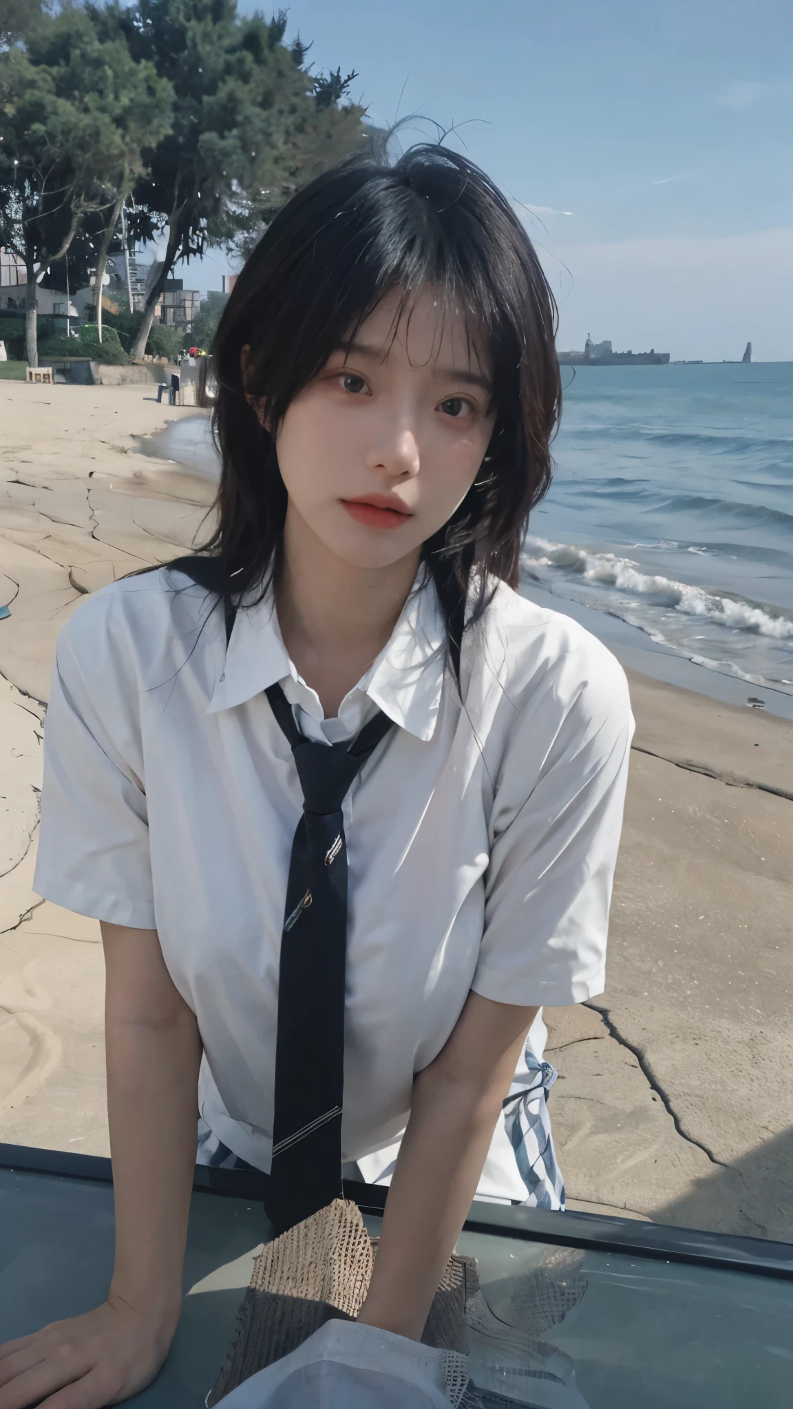 Best quality，masterpiece，Ultra-high resolution，16K,Beach Background，（Photo Realism：1.4),1 Girl，JK，Sexy，（Shirt and Tie：1.2),（Big breasts：1.3),（whole body：1.4)