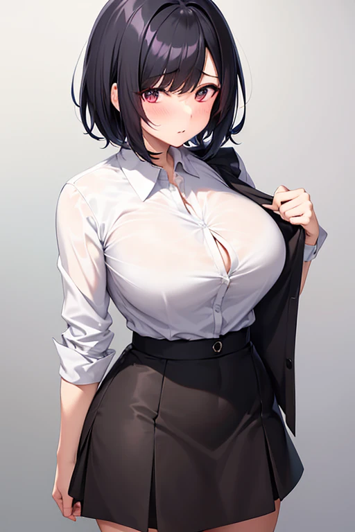 An anime girl with short black hair, at shoulder height, wearing a short skirt and a tight button-down shirt, half open, highlighting your big breasts. She has a blush on her face from embarrassment, has a provocative look, she looks very sexy. 