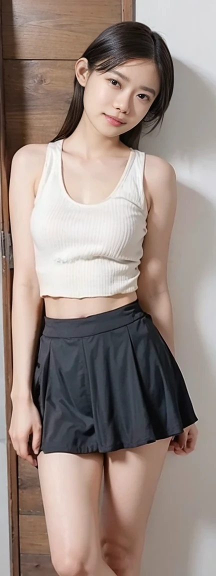 Open shirt, (((Leaning forward))), ((,Round face, Around ,mini skirt、loose tank top)), Long Hair, , Natural Makeup, Lips become thicker, Sexy Gaze, barefoot, ((Raise one leg)), Shooting from below,Gentle expression ,((Extremely precise and accurate anatomy)), (masterpiece:1.43), Perfect proportions, Realistic photos, Full Shot, whole body, (height: 165cm),