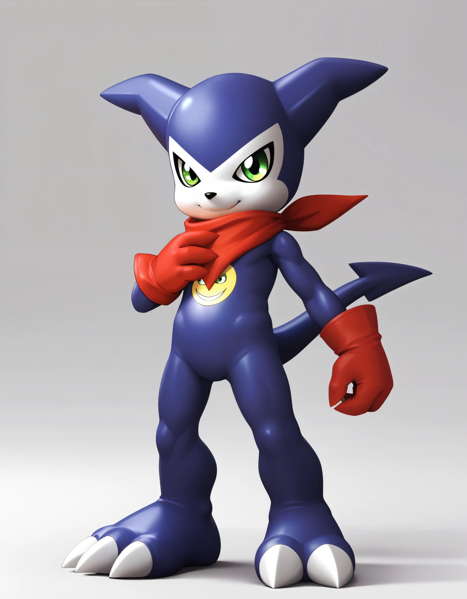 score_9, score_8_up, score_7_up, source_anime, impmon, 1boy, solo, digimon (creature), no humans, full view, green eyes, tail, gloves, claws, red gloves, scarf, standing, looking at viewer