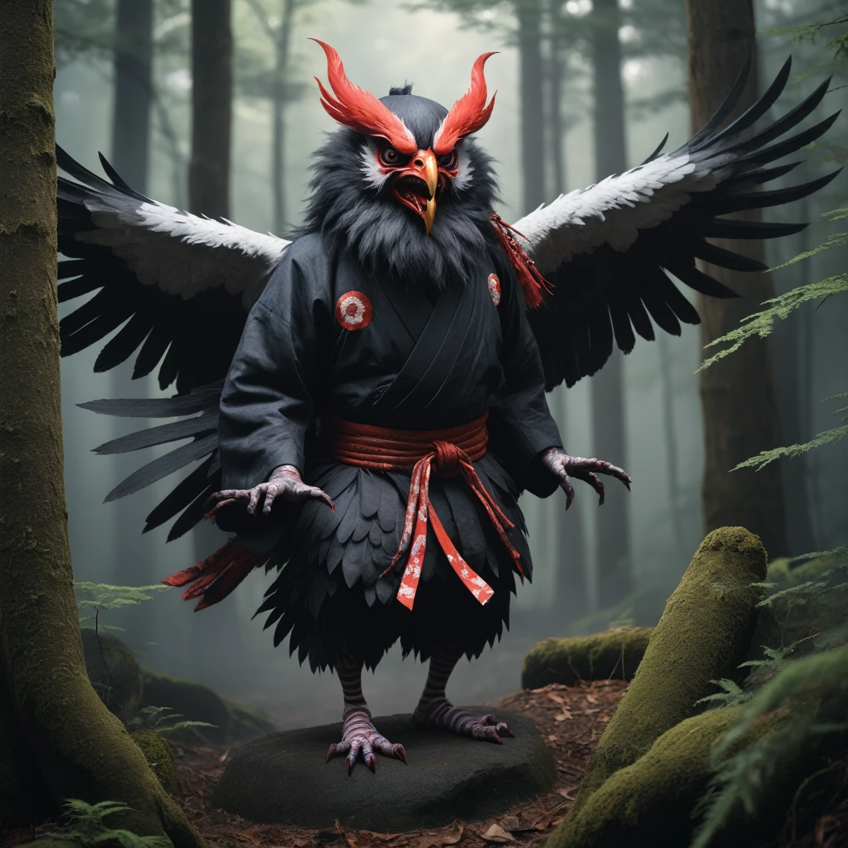 High resolution, Breathtakingly realistic images、Karasu Tengu, a traditional Japanese monster、in the forest