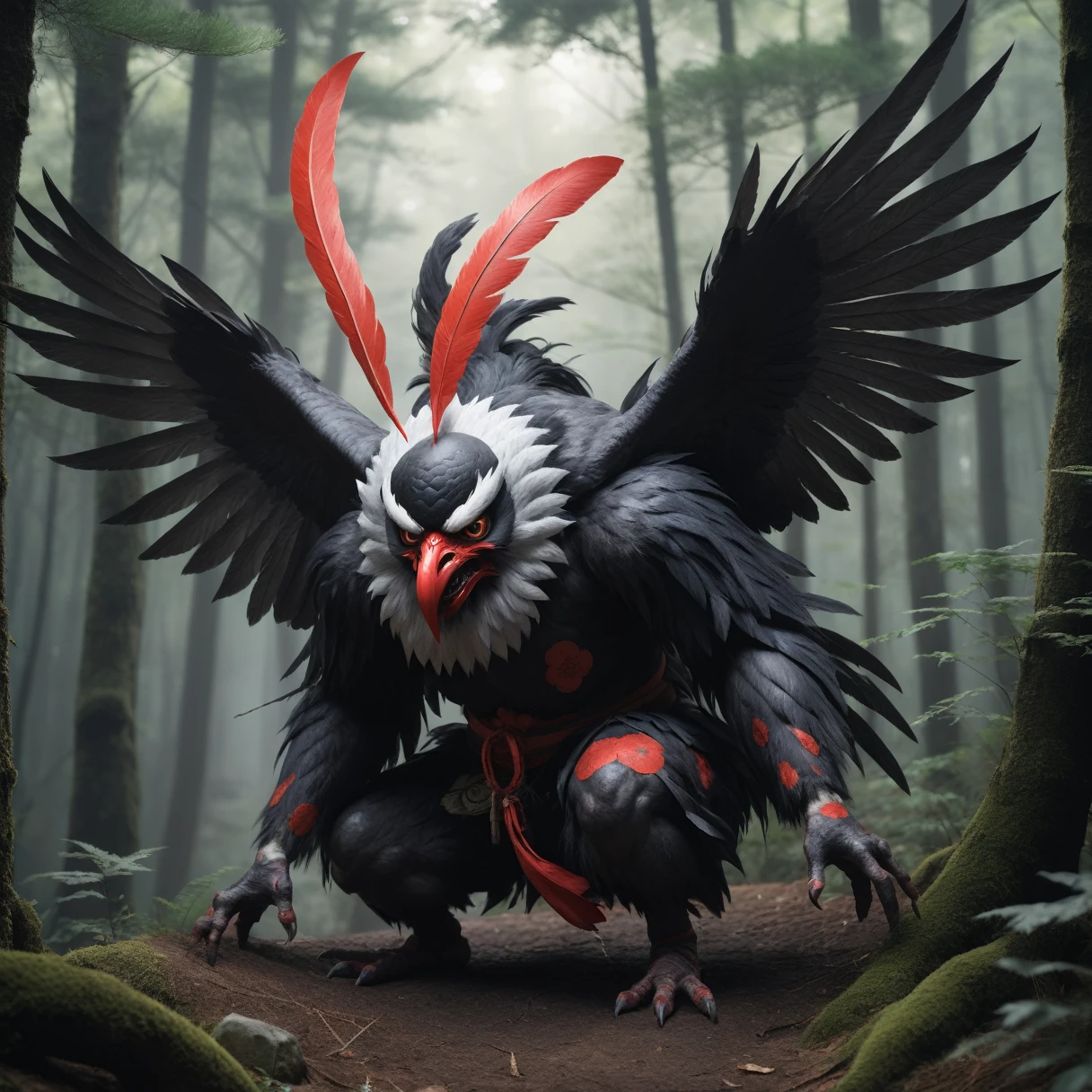 High resolution, Breathtakingly realistic images、Karasu Tengu, a traditional Japanese monster、in the forest